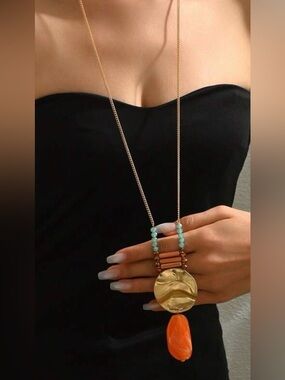 New free people/Anthropologie style Gold Pendant Necklace, with Turquoise Beads